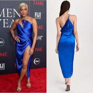 The Sei Strappy Knotted Dress Sapphire Blue Silk One Shoulder Tie Gown Size 0 XS